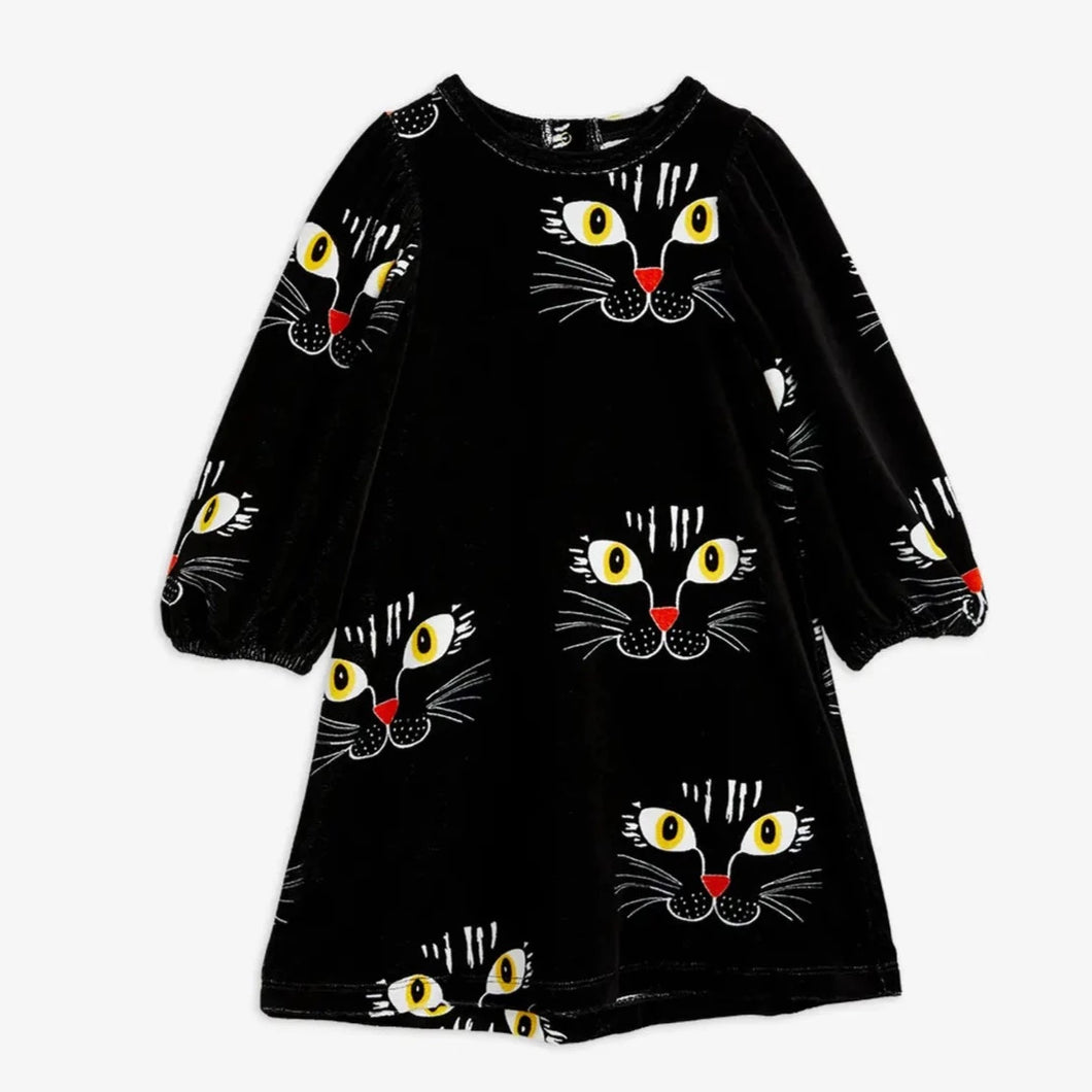 Cat Face Long Sleeve Velour Dress